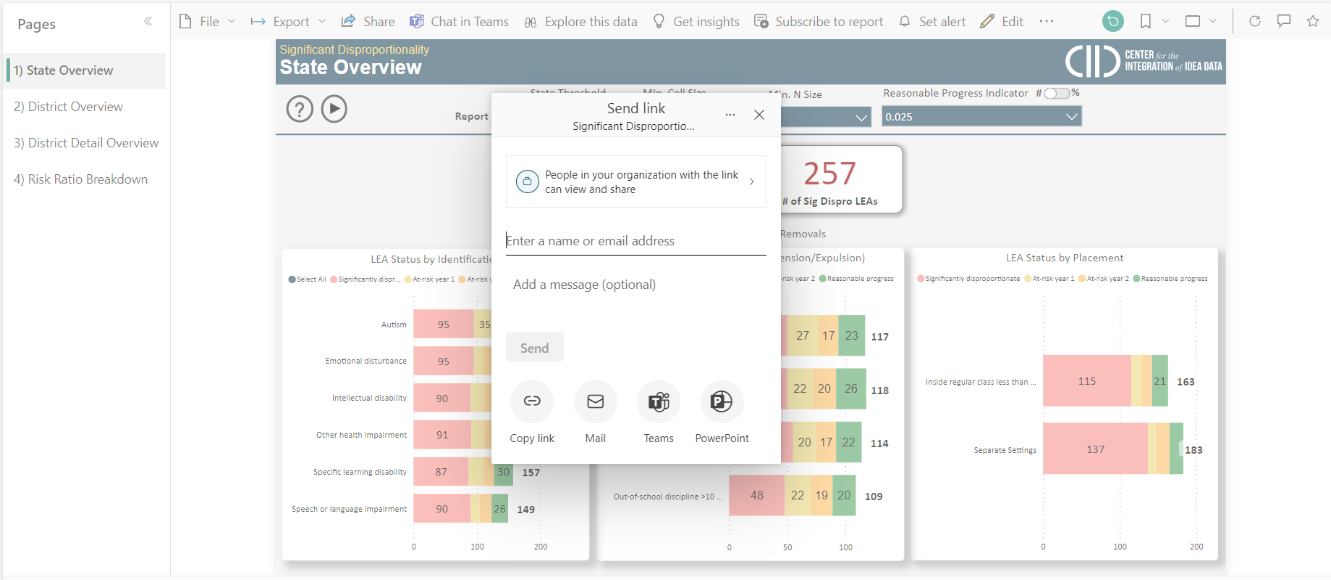 Power BI report showing the State Overview page with various charts and the 'Send link' dialog box for sharing the report.