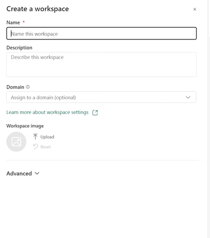 A user interface displaying workspace creation options, including naming the workspace, adding a description, assigning it to a domain (optional), uploading an image (optional), and accessing advanced settings.