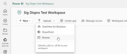 A user interface displaying the Power BI service. The ‘Sig Dispro Test Workspace’ is highlighted. Options include ‘+ New’, ‘Upload’, ‘Create app’, and ‘Manage access’. Below these options, there is a menu for uploading a file with sources like ‘OneDrive for Business’, ‘SharePoint’, and ‘Browse’. The user is prompted to upload a .pbix file to the workspace.